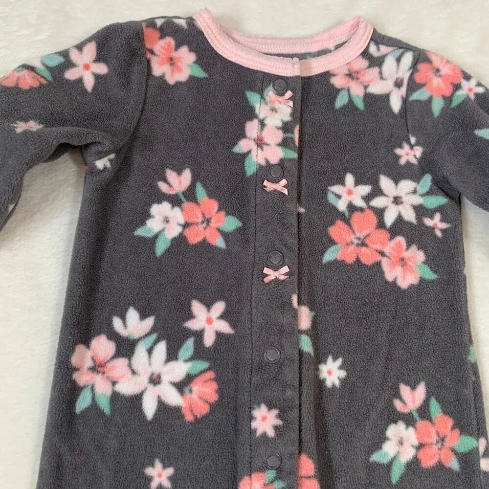 5/$25 Carter's Fleece Footed‎ Sleeper Girl 3M Gray Pink Floral Snap Front Bows
